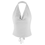 Women Glitter Sequin Halterneck Top Sparkle Sleeveless Sexy Camisole Sexy Hanging Neck Vest Ruched Sleeveless Backless Summer Crop Top for Club Party Cocktail Night Out Silver