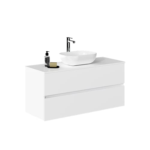 Baikal Baño Onyx, 2 cajones, suspendido en Pared, con Lavabo cerámico. Mueble Montado, Melamina 16,Mueble F46 + Top + Lavabo 120 cm Blanco