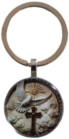 Religious Dove and Cross Pendant Keychain, 2.5 cm Medallion, Antique Style, White and Gold