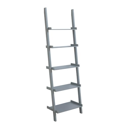 Home Source Ladder Bookcase Shelving Unit Display Ornament Stand Shelf Wall Rack Storage, Grey, 5 Tier