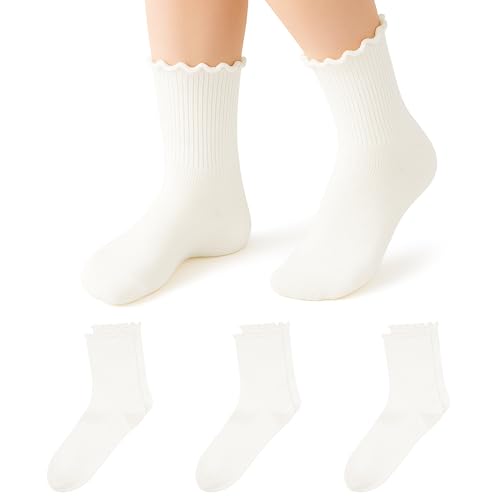Stelle Girls Ruffle Socks Cotton School Uniform Dress Socks 3/5/6 Pairs Crew Soft Cute Frilly Sock for Kids Toddler(3WT S)