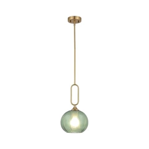 BAODEN Green Glass Pendant Light Modern Globe Pendant Lighting Nordic Ribbed Gold Ceiling Hanging Chandelier with Brushed Brass Adjustable Rods Dining Room Kitchen Island Light Fixture Cover