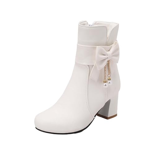 Botines de piel para mujer Botines cortos con tacón grueso y cremallera Lazo Lolita Kawaii Zapatos para mujer de caña corta Botas de cuero Otoño Invierno Botas de tacón, Blanco, 38 EU