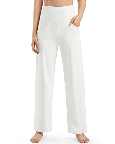 Promover Wide Leg Trouser Pants Women Fashion Clothing Stretch Yoga Dress Pants High Waist Pull On Pants for Workout(White,XL,31