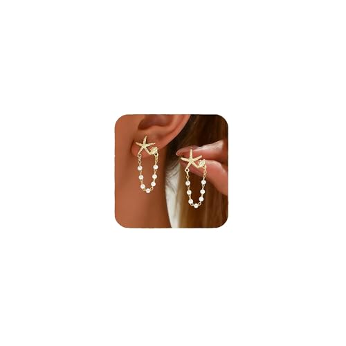 Starfish Earrings for Women Pearl Drop Seashell Earrings Tropical Beach Ocean Dangle Summer Vacation Beach Jewelry Gifts-gold