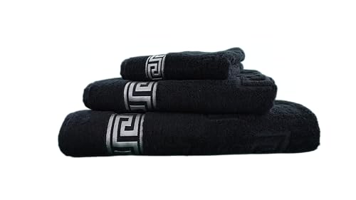 Arle-Living Luxury Medusa - Telo doccia 70 x 140 cm, in spugna a pelo lungo, con stampa piatta Medusa e bordo argentato, 70 x 140 cm