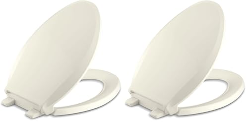Image of KOHLER K-4636-96 Cachet Quiet Close Elongated Toilet Seat, Slow Close Lid and Seat, Grip-Tight Bumpers and Installation Hardware, Biscuit (Pack of 2)