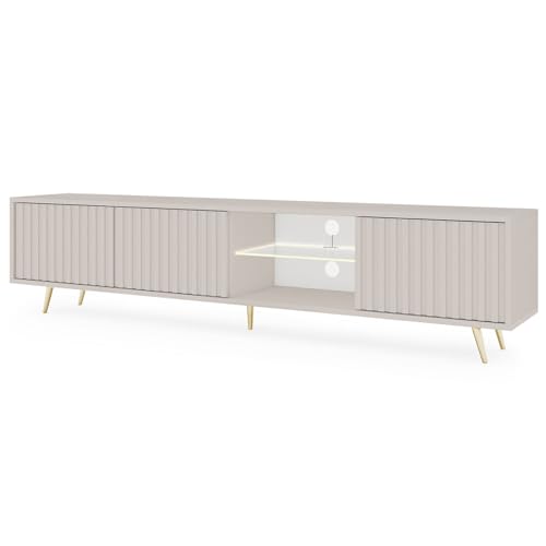 Selsey TV Schrank Board Sideboard Fernsehtisch Fernsehschrank Mit Lamellen Und LED Beleuchtung 175 cm Goldene Beine Grau Beige Bello