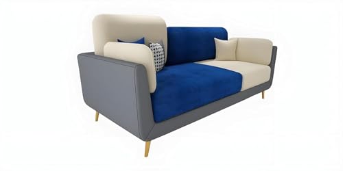 Image of Modern & Luxury Cushioned Couch Relax sectional Sofa in Fabric & Velvet and Heavy Duty Sofa Ideal for bedrooms, Living Rooms, Guest Rooms, Homes, and Office-(3 Seater Blue & Beige).