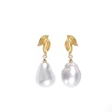 Tolldek Pendientes de oro amarillo de 9 K/14/18 K, joyas de oro auténtico, perlas blancas y hojas para mujer, forma irregular, pendientes de moissanit para mujer, estilo vintage, 18/14/9 quilates, oro