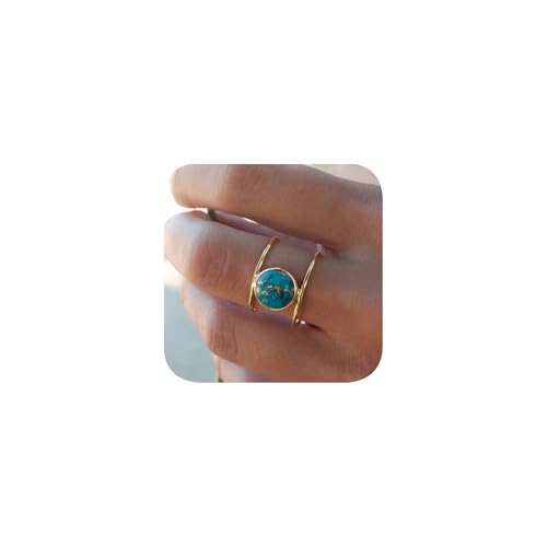 14K Gold Plated Statement Ring for Women Simulated Blue Turquoise Boho Simple Minimalist Jewelry 925 Silver Plated Gem Womens Ring Bohemian Jewelry Handmade Simple Ring G-9#