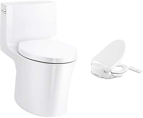 KOHLER 1381-HC-0 Veil One-Piece Skirted Toilet, Dual Flush, Elongated Bowl, White & Heated Bidet Toilet Seat, Elongated with LED Nightlight, Remote Control, White, 27142-CR-0