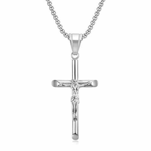 Sonateomber Easter Basket Stuffer Big Jesus Crucifix Cross Pendant Silver Necklace for Women Men - Chunky Thick Long Box Chain Christian Catholic Gothic Stainless Steel Costume Jewelry GIft