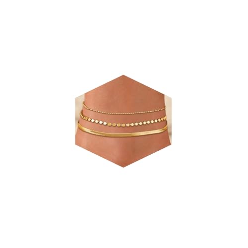 Image of Risamil 14K Gold Plated Ankle Bracelets for Women, Anklets for Women Waterproof Layered Ankle Bracelets for Women Teen Girl Herringbone Anklet Set Summer Foot Jewelry Gifts