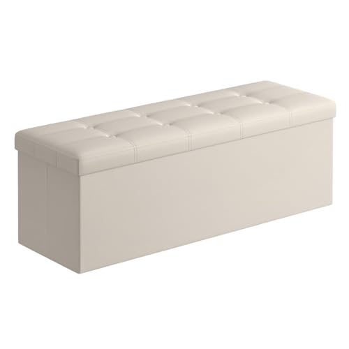 SONGMICS Mazie Collection - 43 Inches Folding Storage Ottoman Bench, Ottoman with Storage, Foot Rest Stool, Load 660 lb, for Living Room, Synthetic Leather, Cream White ULSF70M Cream White 1