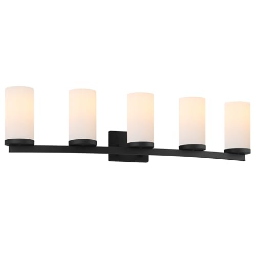 Image of Design House Desta Vanity Light, 5-Light, Curved Bar Design, Frosted Glass Glow, Dimmable, Up /Down Mountable, E26 Socket, Black, 38.6 in L x 6.9 in W x 9.5 in H,589176-BLK