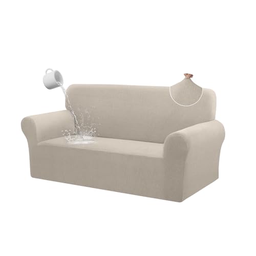 HDCAXKJ 100% Waterproof Couch Cover Stretch 3 Seater Sofa Cover Universal Jacquard Sofa Slip Cover 3 Seat for Cats Pet Soft Anti Scratch Furniture Protector with Elastic Bands (Natural, Medium) by HDCAXKJ - Used condition - CA$64.68