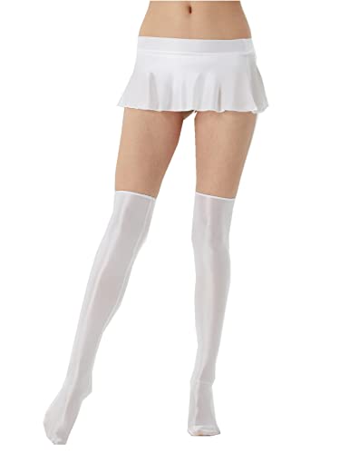 YiZYiF Women's Oil Shiny Glossy 3 Pieces Micro A-line Mini Skirts with Thigh High Stockings Set - Main Image