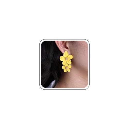 Orecchini a doppio fiore grandi.Dettagli dell'articolo:Articolo fatto a mano.Dimensioni: come indicato.Colore: giallo.Materiali: lega di qualità.Posizione:Orecchio.Stile: Boho/Vintage.