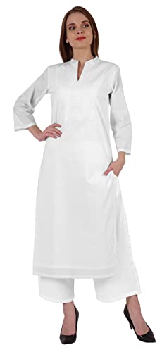 Bimba Mandarin Collar W/Pintucked Neck Cotton Kurti For Women's Indian Ethnic Straight Solid Kurta White