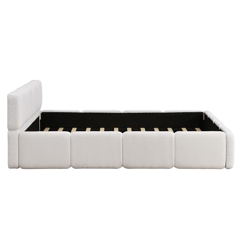 Image of Harper & Bright Designs Queen Size Boucle Platform Bed with Headboard and Footboard, Wood Floor Bed Frame with Sturdy Slats Support for Kids Tenns Adults, Space Saving, White