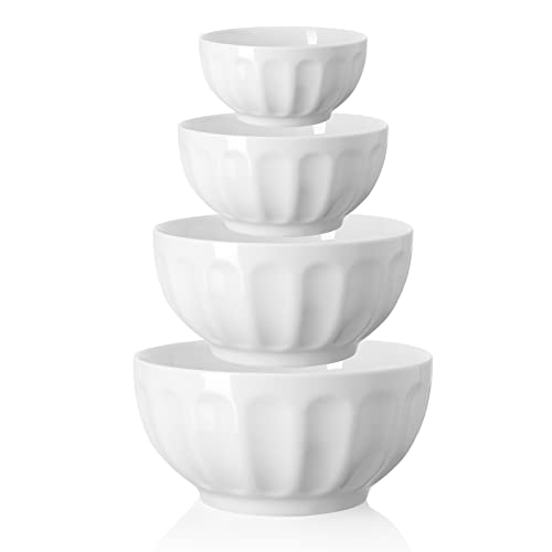 Sweese 129.401 Porcelain Serving Bowls For Entertaining 64-42-26-10 Ounce Various Size Nesting Fluted Bowl Set For Salad Soup - Set Of 4, White #TOP14