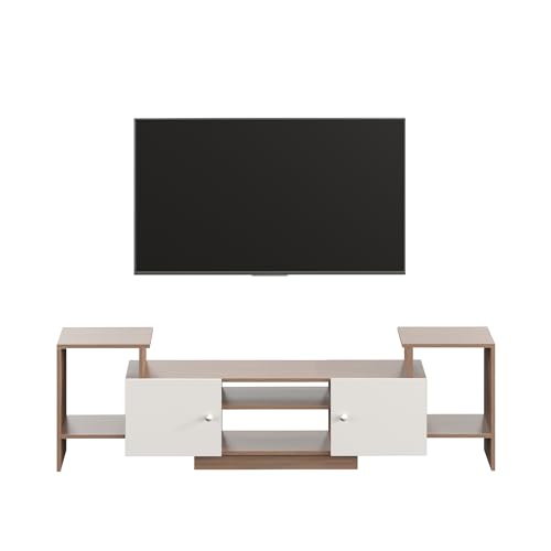 Image of FURNEASER Eptimal Engineered Wood TV Entertainment Unit for 75 Inch TV | Floor TV Stand & Cabinet with Shelves and Doors | Modern TV Unit (Exotic Teak & White)