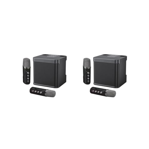 Juego de 2 altavoces portátiles BT portátiles para regalo, máquina de karaoke con 2 micrófonos sin cable, color negro