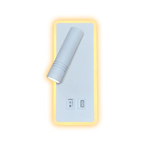 uksunvi Lámpara de pared LED, 9 W, aplique de lectura para mesita de noche con puerto de carga USB, foco orientable, (luz blanca cálida de 6 W 3000 K) + (luz blanca de 3 W 6500 K) (rectángulo blanco) Cover