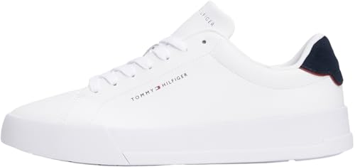 Tommy Hilfiger Herren Court Sneaker Detail Essential aus Leder, Weiß (White/Desert Sky), 42 Tommy Hilfiger Herren Court Sneaker Detail Essential aus Leder, Weiß (White/Desert Sky), 42