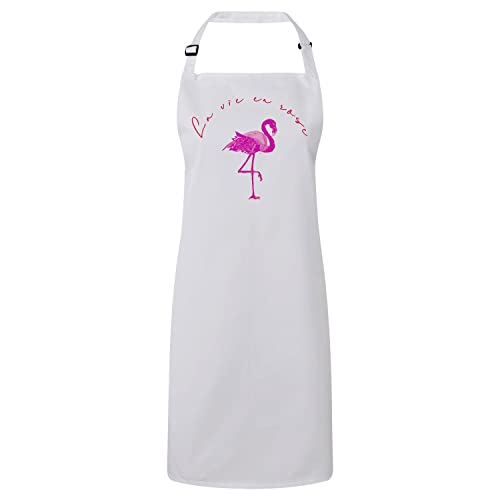 Tablier cuisine premium blanc flamant rose avec finitions haut de gamme dessin rouge