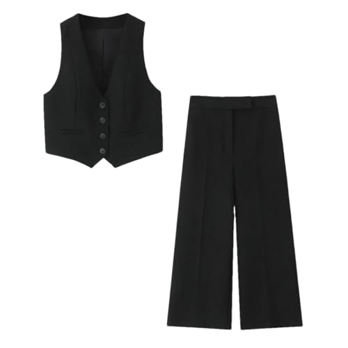 Women Fashion 2 Piece Set V-Neck Single Breasted Tank Tops Wide Leg Pants Female Lady Pants Suit