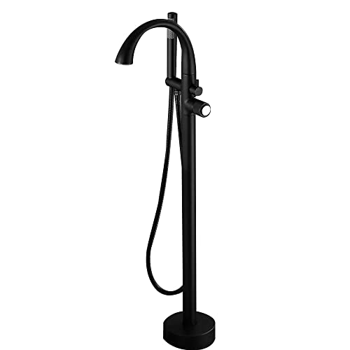BULUXE LED Freestanding Bathtub Shower Faucet Set Floor Mounted with Handheld Shower High-Arc Tub Filler Spout Solid Brass Single Knob (Black)