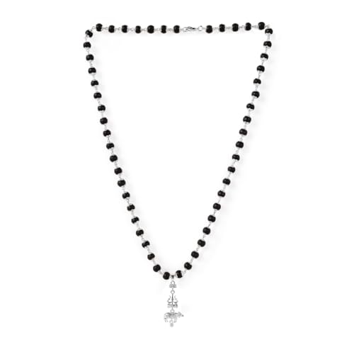 Image of Divine Hindu Trishul Karungali Necklace with Silver Caps (54 Beads) | Shiva Bhakti Jaap Mala for Meditation, Protection & Healing Energy | Spiritual Necklace for Men & Women | Chanting Beads