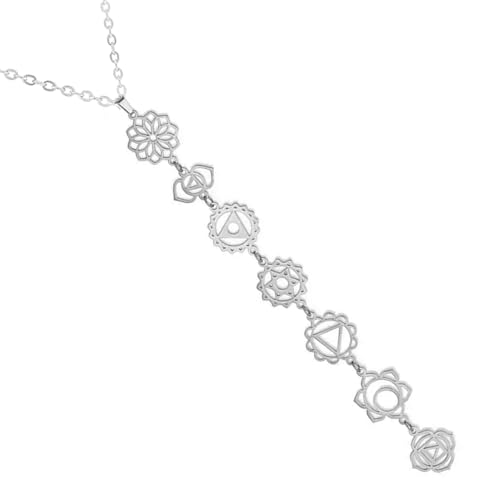 Only faith Collar de Mujer colgante Nudo de Bruja y Tetragramatón para Mujer Los 7 CHAKRAS, Colgante Largo de Símbolos Espirituales, Yoga Reiki Meditación Amuleto (7 Chakras Grande Plateado)