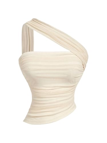 Milumia Women's One Shoulder Tops Ruched Sleeveless Mesh Halter Crop Tube Top