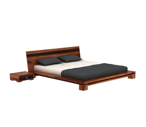 Image of Solid Sheesham Wood King Size Cot Bed Without Storage for Bedroom - Wooden King Size Cot for Bedroom - Solid Wooden Double Bed Palang for Home (Reck Walnut)