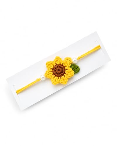 Image of Handmade Crochet Floral Rakhi Set with Pearl Accent | Designer Raksha Bandhan Gift Combo (Pack of 3), sunflower,daisy and evil eye