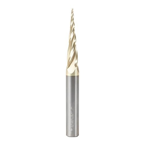 Image of Amana Tool Up Cut Spiral CNC Router Bits for 2D /3D Carving, ZrN Coated, 46582, 5.4 Deg Tapered Angle Ball Tip 1 /16 D x 1 /32 R x 1-1 /2 x 3 /8 Shk x 4 Fl