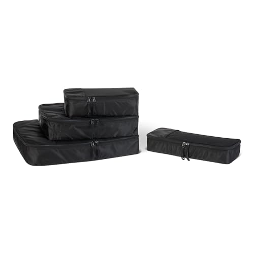 Amazon Essentials 4-teiliges Packwürfel-Reisezubehörset, Gepäckorganizer mit Doppelreißverschluss, Netzoberseite, 100% Polyester, klein/mittel/groß/schmal, schwarz (früher Amazon Basics)