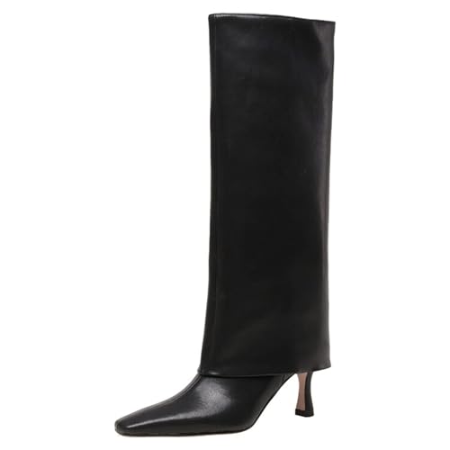 Goolita Women's Stiletto Heel Knee High Boots Square Toe Slip On Fold Over Boots For Women Leather Comfortable Dress Tall Boots