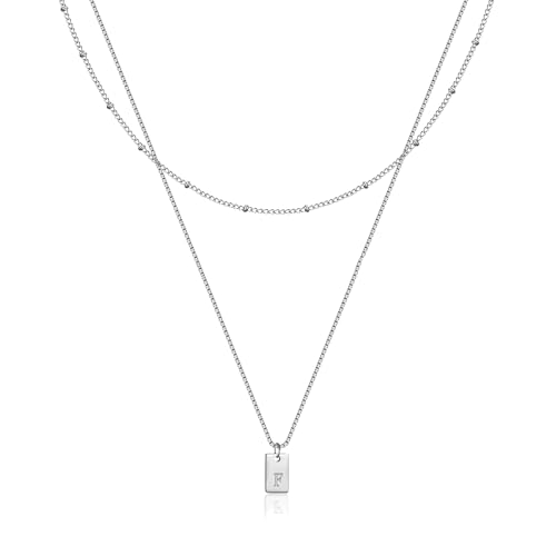 RWQIAN Collar Doble Letra F Alfabeto Colgante Mujer Cadena de Iniciales Letras Plata 18"