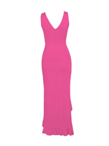 Image of SOLY HUX Women's Sleeveless V Neck Ruffle Trim Split Hem Dress Bodycon Long Dresses