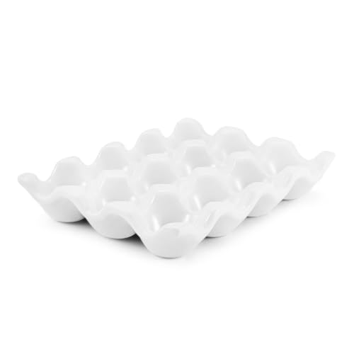 Flexzion 12 Cups Ceramic Egg Holder for Fridge - Dozen Ceramic Egg Tray Porcelain Container Storage Organizer Decorative Serving Stand Serveware for Refrigerator Countertop Display (White)