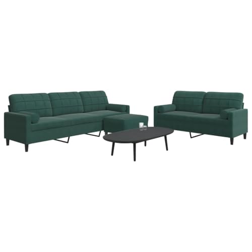 Gecheer 3-TLG. Sofagarnitur Sessel Couch Sofa Wohnzimmersofa Couchgarnitur Designsofa Sitzmöbel Polstermöbel mit Kissen und Nackenrollen Dunkelgrün Samt