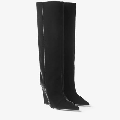 THESHY Women‘s Pointed Toe Knee High Boot Wedge Metallic High Heel Thigh High Boot Patent Leather Pull on Shoes2