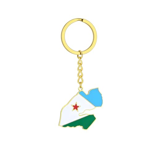 LUTAKU Porte-clés carte et drapeau de Djibouti pour homme et femme, porte-clés Djibouti en acier inoxydable, accessoires de bijoux en forme de carte, doré, taille unique