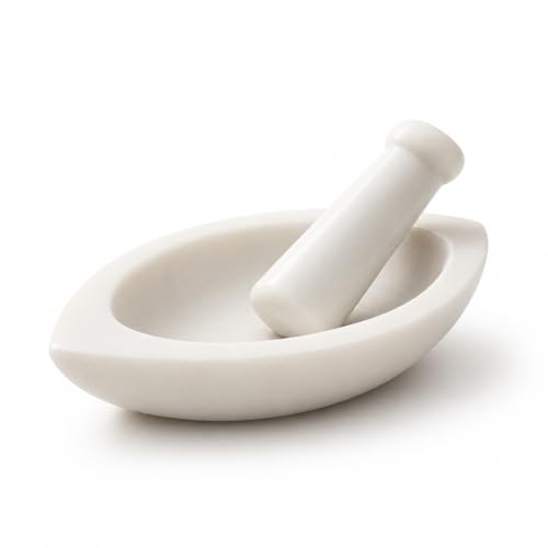 Image of Marble Mortar and Pestle Set Stone White Boat Shape 7 Inch Khalbatta Imamdasta Kharal Kundi Okhli Musal Mixer Silbatta Kitchen Tool for Grinding Ingredients