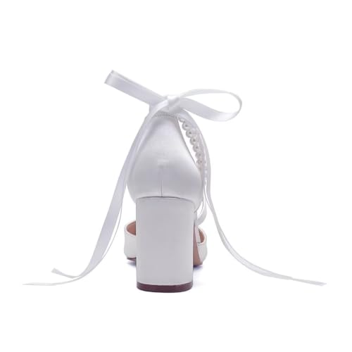 Image of Block Heel Wedding Shoes for Bride Closed Toe Pearl Bridal Shoes Wedding Chunky Heels