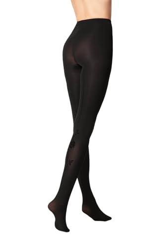 Goldenpoint Damen-Strumpfhose mit Streifen hinten mit Blumenflock, anatomischem Riemen und hygienischem Zwickel, Schwarz , Small-Medium